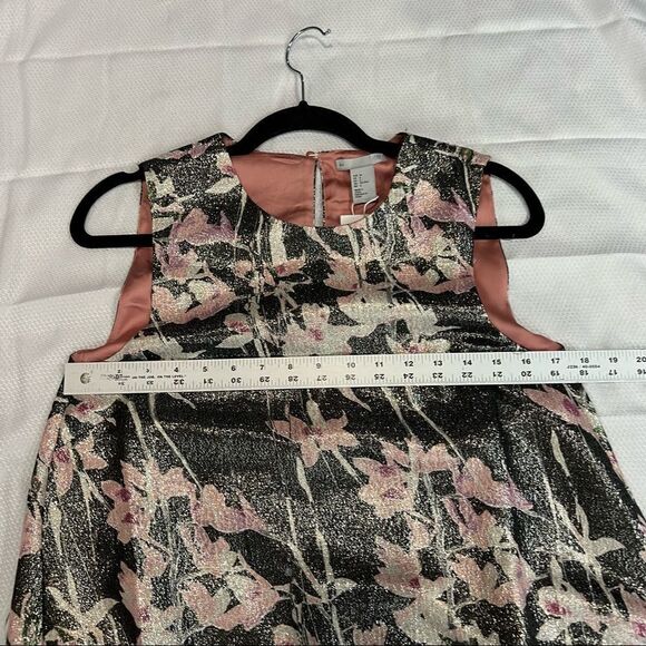 H&M Silver Metallic Pink Floral Elastic Peplum Silk Blend Dress‎ - Picture 5 of 8